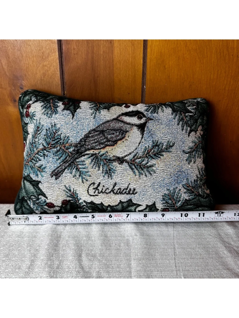 Vintage Chickadee Tapestry Pillow 8x12 Christmas Winter Bird Accent Pillow
